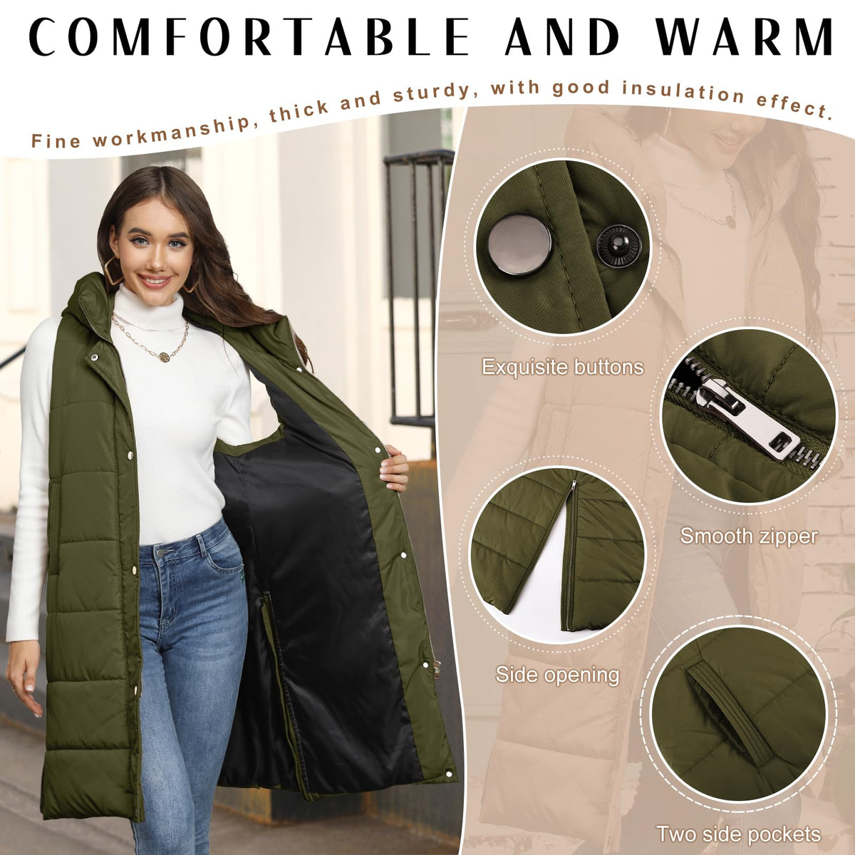 HEEKPEK Womens Puffer Vest Winter Hooded Sleeveless Zip Up Long Puffy Jacket Warm Thick Quilted Coats with Pockets size S