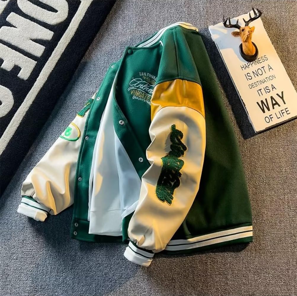 Men's Varsity Jackets - College Bomber Jacket Vintage Sweatshirt Casual Unisex Streetwear Y2k Oversized Coats with Patch PU Leather Sleeves size L