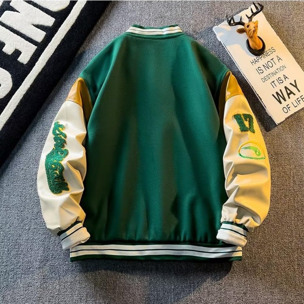 Men's Varsity Jackets - College Bomber Jacket Vintage Sweatshirt Casual Unisex Streetwear Y2k Oversized Coats with Patch PU Leather Sleeves size L