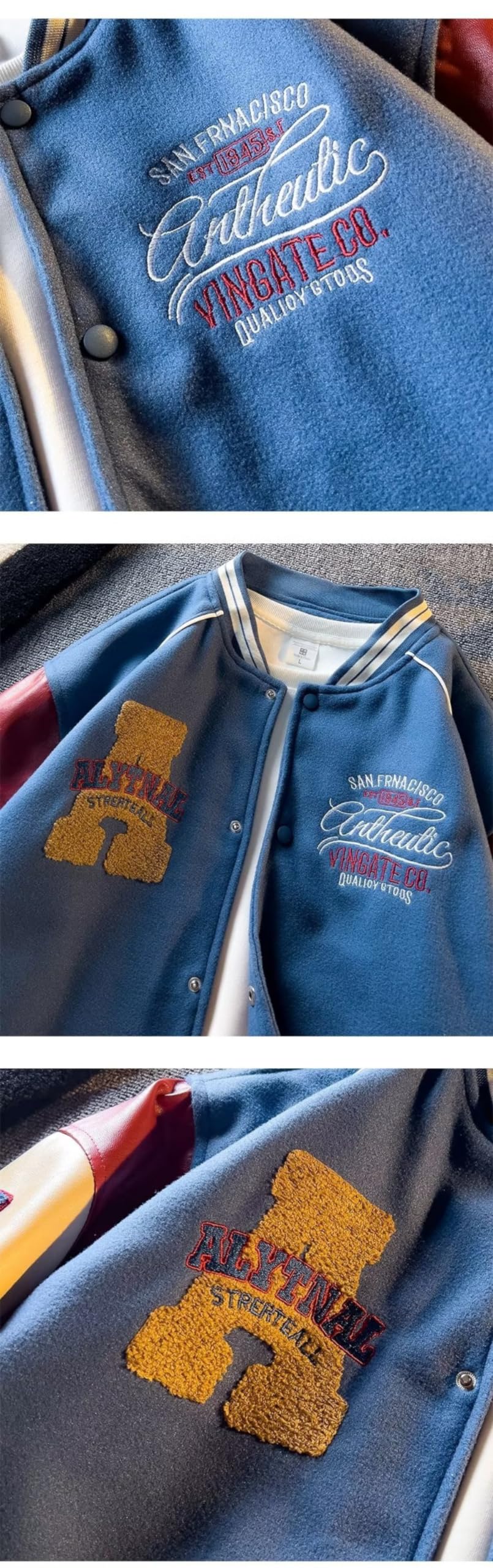 Men's Varsity Jackets - College Bomber Jacket Vintage Sweatshirt Casual Unisex Streetwear Y2k Oversized Coats with Patch PU Leather Sleeves size L