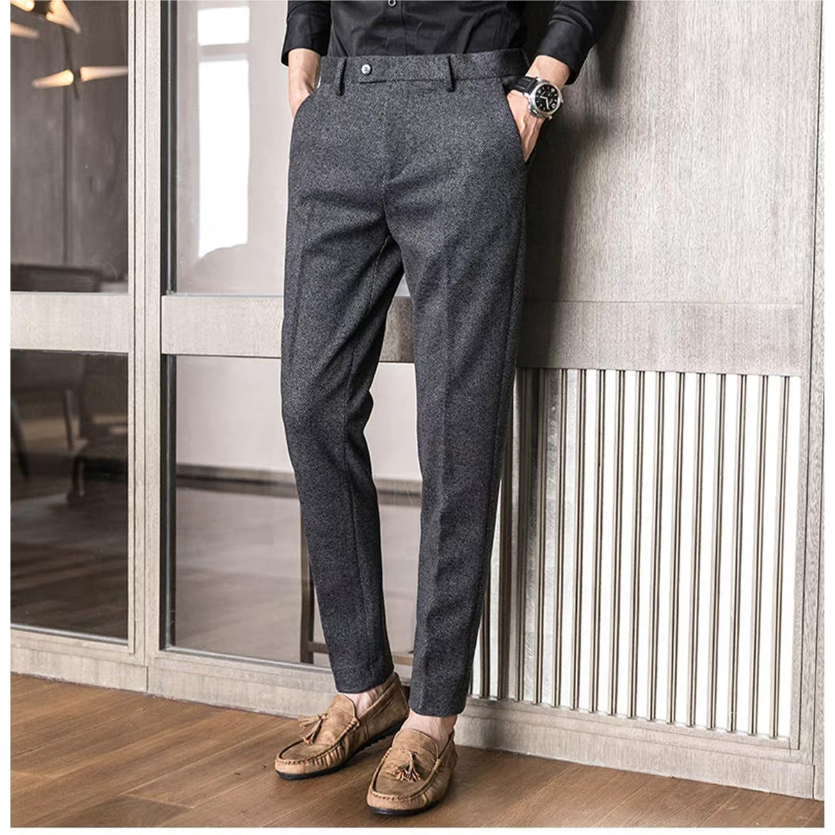 Men's Pants Business Casual Slim-Fit Herringbone Work Trousers - The Ideal Choice for Weddings and Parties size S