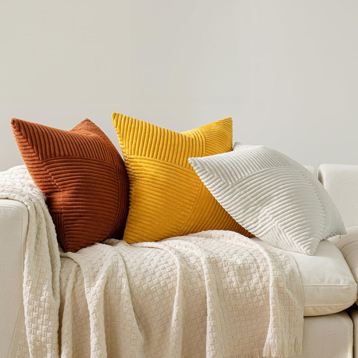 MIULEE Decorative Cushion Covers 50 x 50 cm Yellow Corduroy Patchwork Design Striped Boho Pillow Cases Square Pillowcases Throw Pillow Covers for Sofa Living Room Bedroom, Set of 2