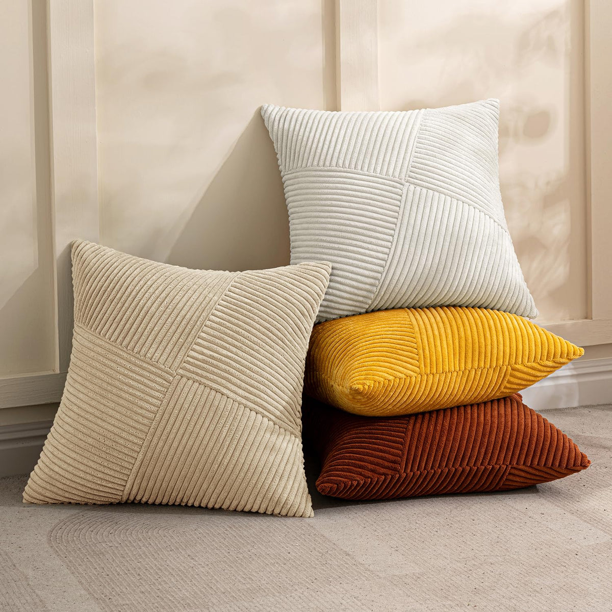 MIULEE Decorative Cushion Covers 50 x 50 cm Yellow Corduroy Patchwork Design Striped Boho Pillow Cases Square Pillowcases Throw Pillow Covers for Sofa Living Room Bedroom, Set of 2