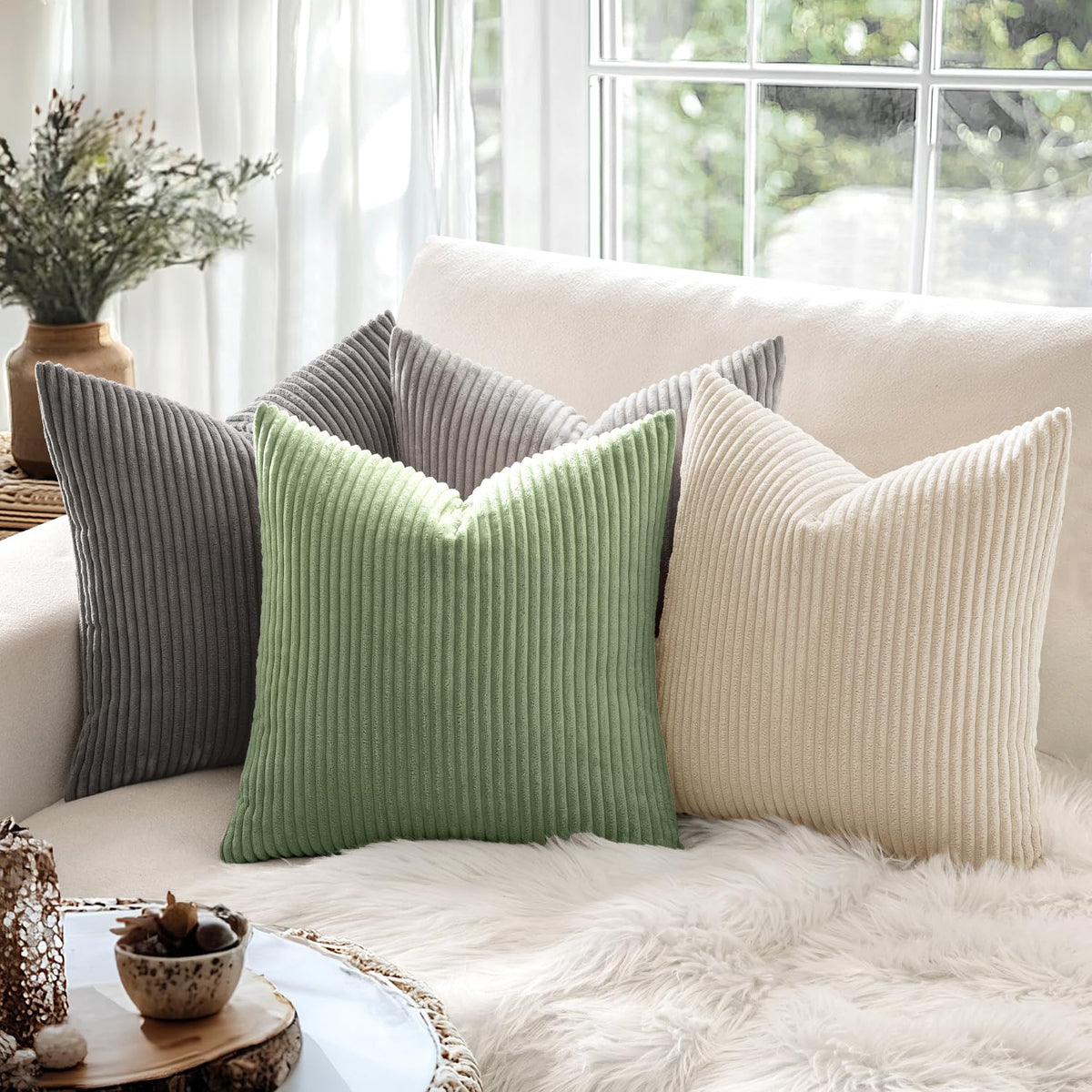 MIULEE Set of 2 Corduroy Cushion Cover 45x45 Sage Green Sofa Cushions