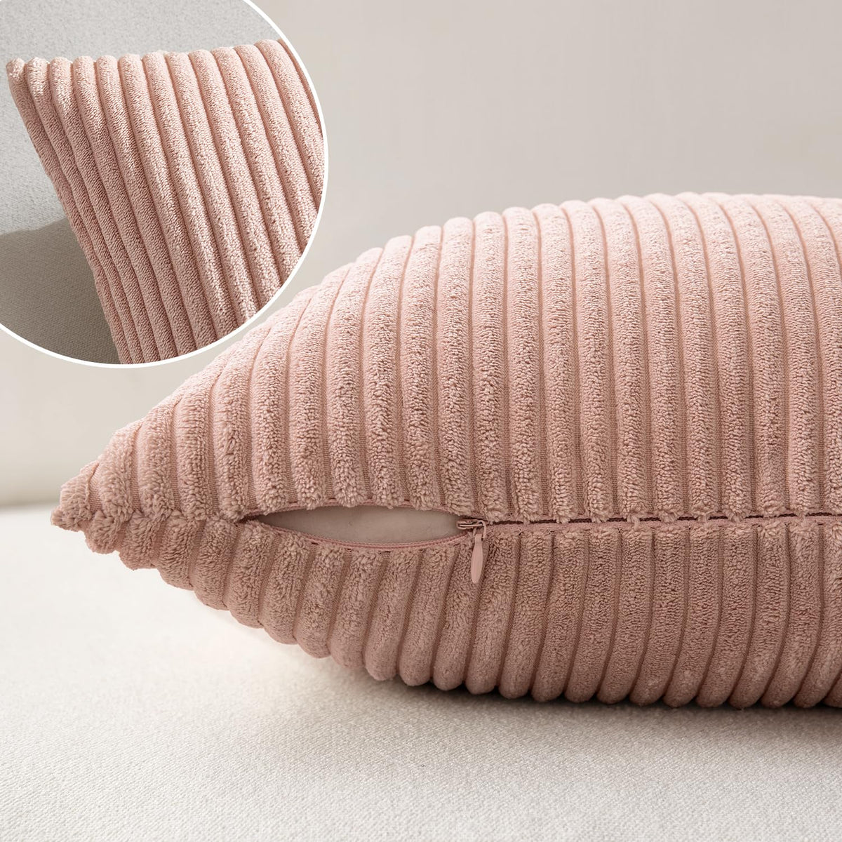 MIULEE Set of 2 Striped Corduroy Square Throw Pillow Case Soft Cushion Covers Sham Home for Sofa Couch/Bedroom Decorative Fluffy Large Pillowcases 18x18 Inch 45x45cm Pink