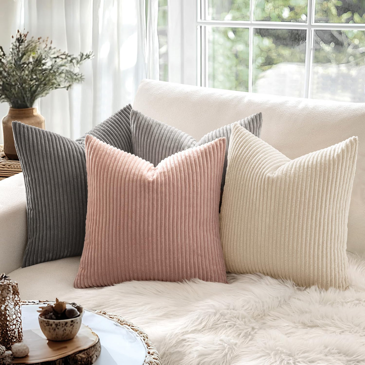 MIULEE Set of 2 Striped Corduroy Square Throw Pillow Case Soft Cushion Covers Sham Home for Sofa Couch/Bedroom Decorative Fluffy Large Pillowcases 18x18 Inch 45x45cm Pink