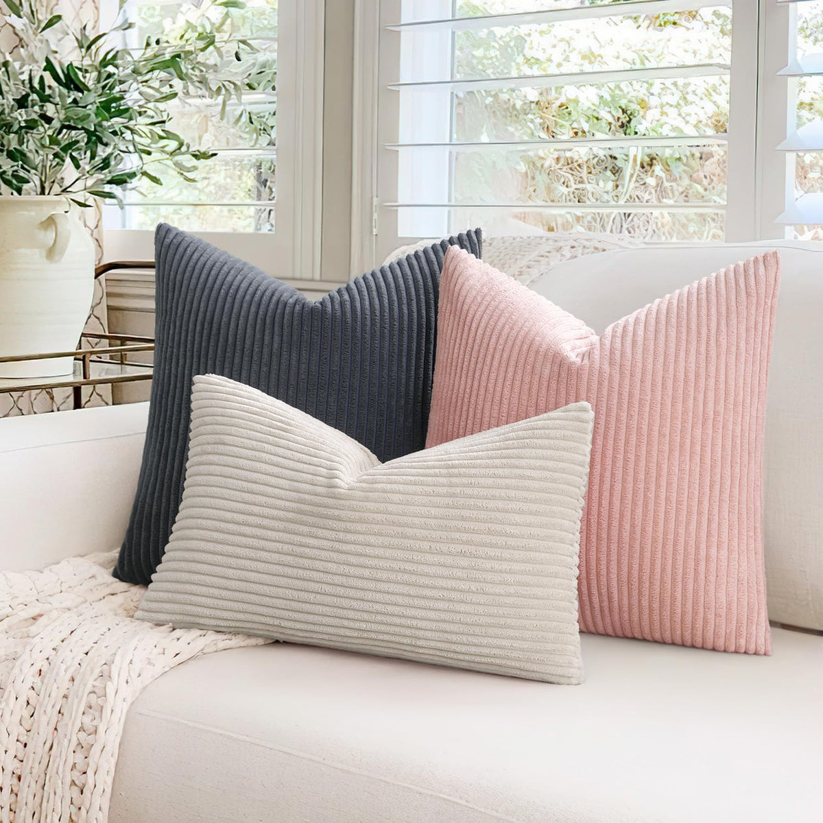 MIULEE Set of 2 Corduroy Cushion Cover 40x40 Grey Sofa Cushions