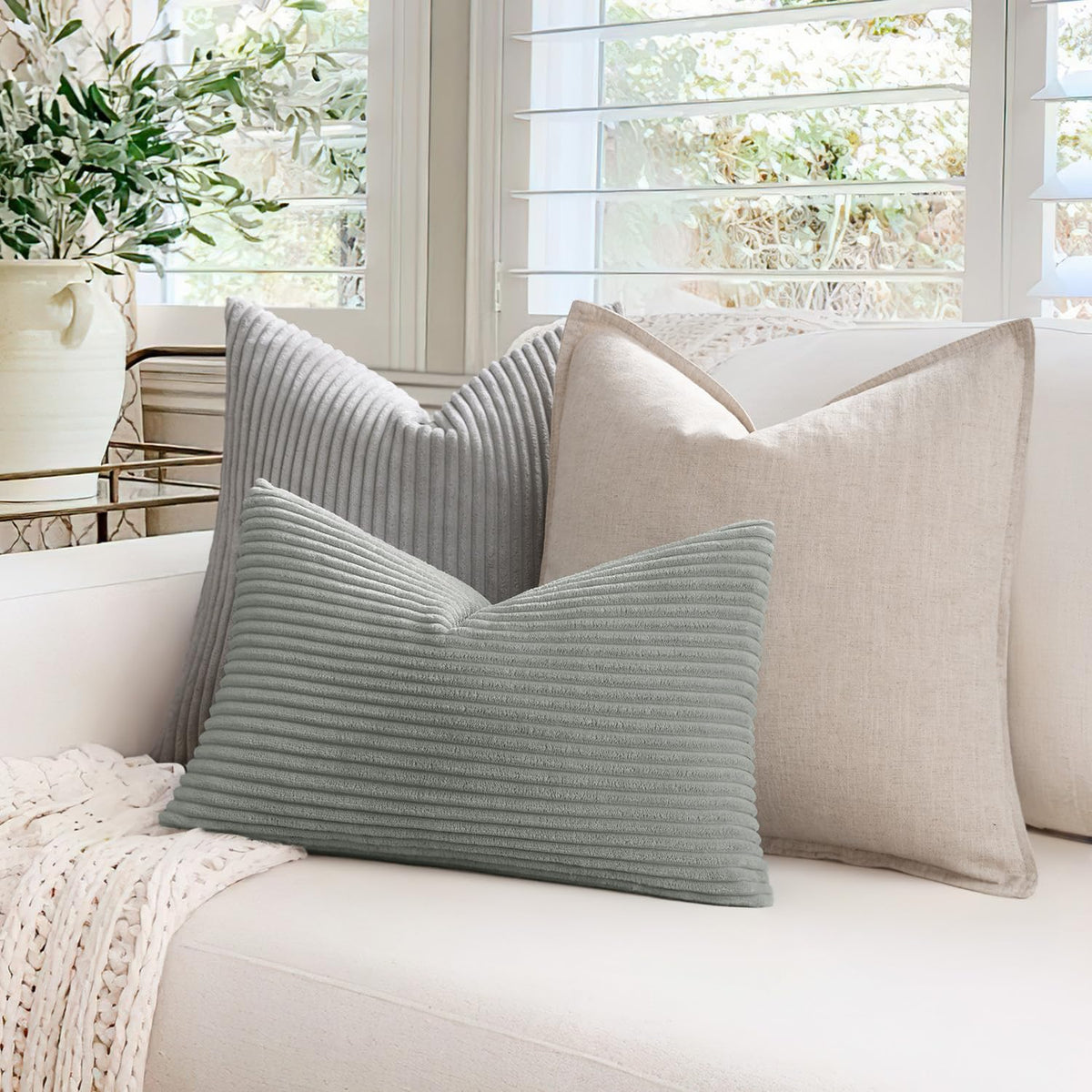 MIULEE Cushion Covers Striped Corduroy Throw Pillow Covers Decorative Pillows Pillowcases Decor for Sofa Couch Living Room 40x40 cm 16x16 Inch Grey Green