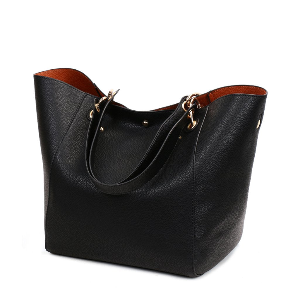 Valleycomfy Tote Bag Leatherette Shoulder Bags Purse for Women with Detachable Straps Handbags Large Capacity, Black, Black