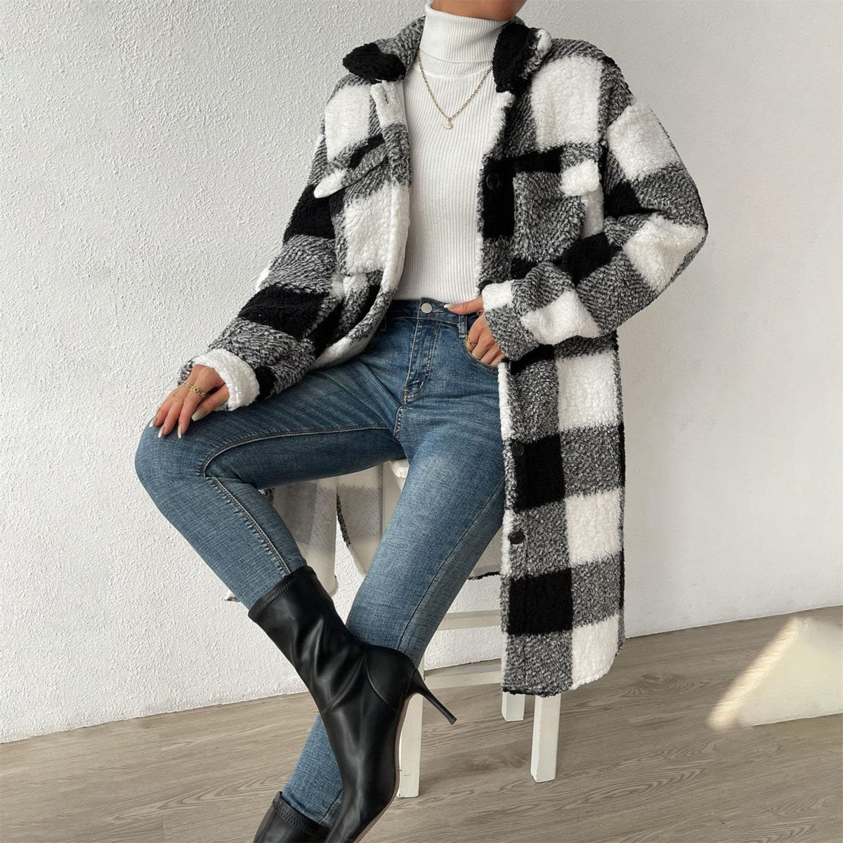 Women'S Autumn Or Winter Button Down Lapel Plush Plaid Coat Loose Long Coat Winter Jackets Women Outdoor size S