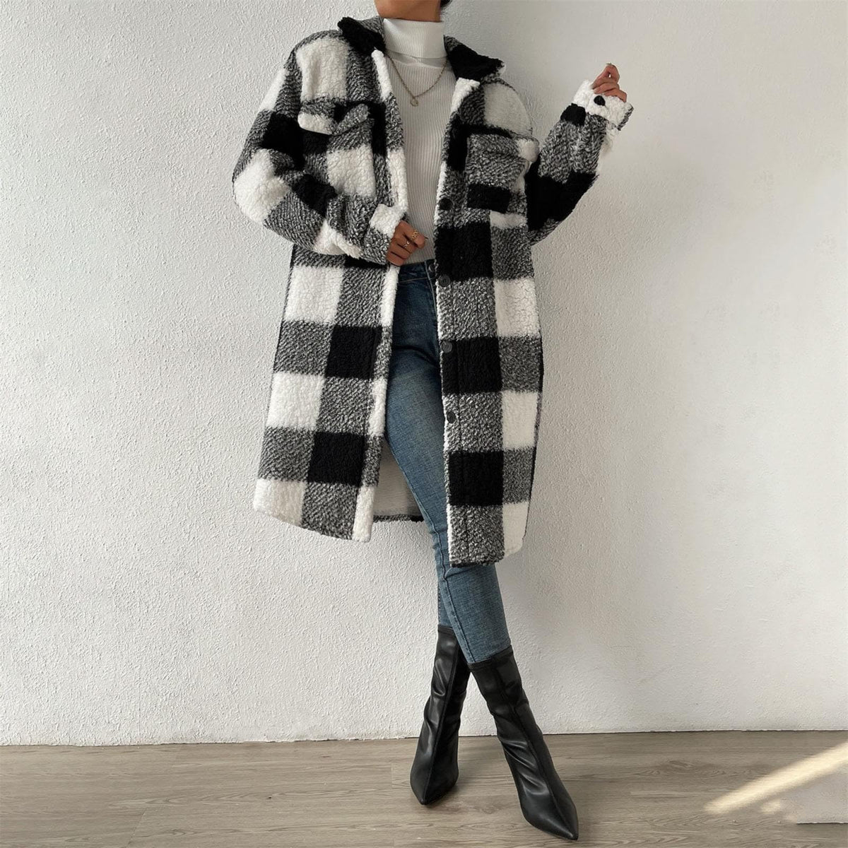 Women'S Autumn Or Winter Button Down Lapel Plush Plaid Coat Loose Long Coat Winter Jackets Women Outdoor size S