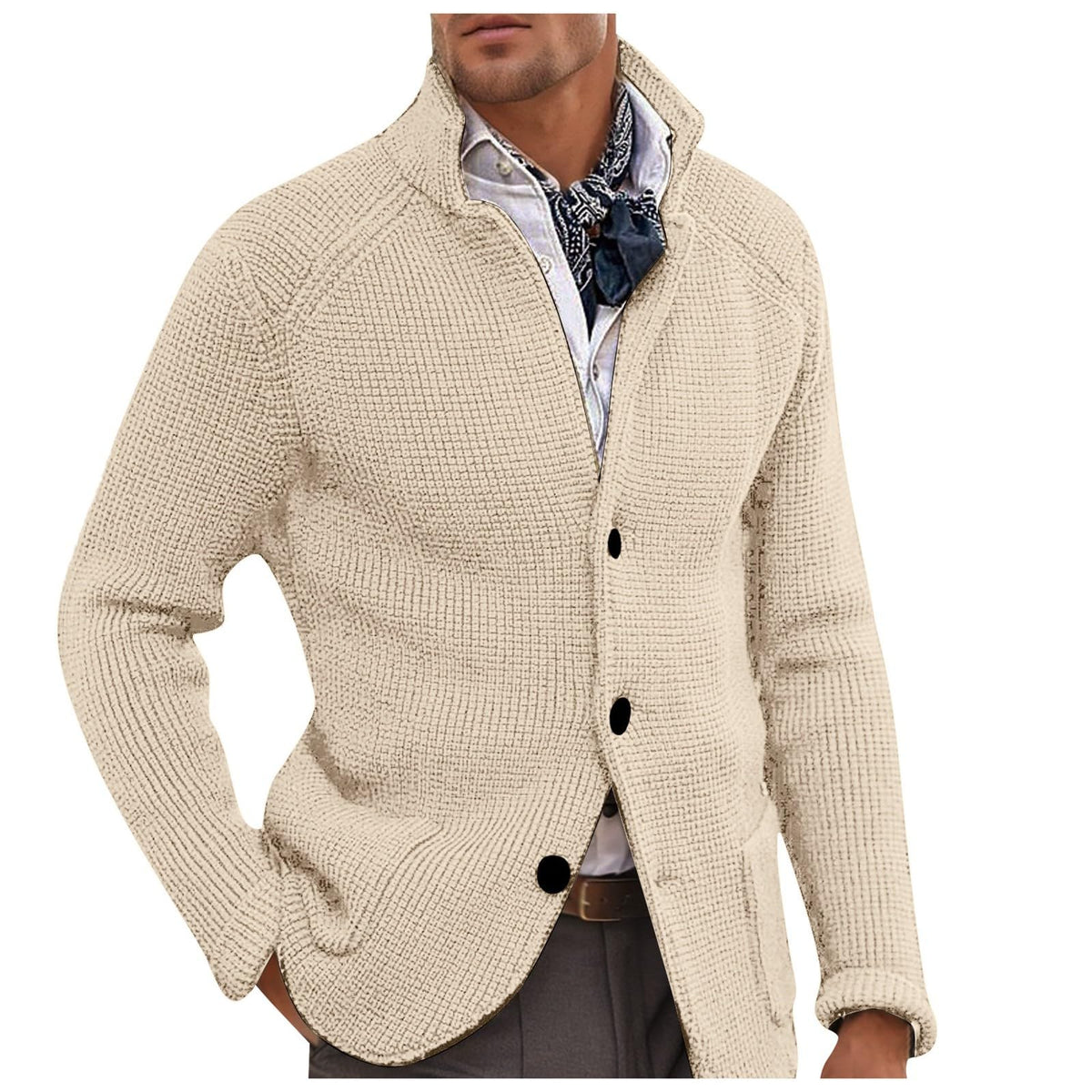 Mens Long Sleeve Cardigan Stand Collar Casual Knitted Button Pocket Cardigan Autumn Winter Shawl Collar Slim Fit Blazer size XXL