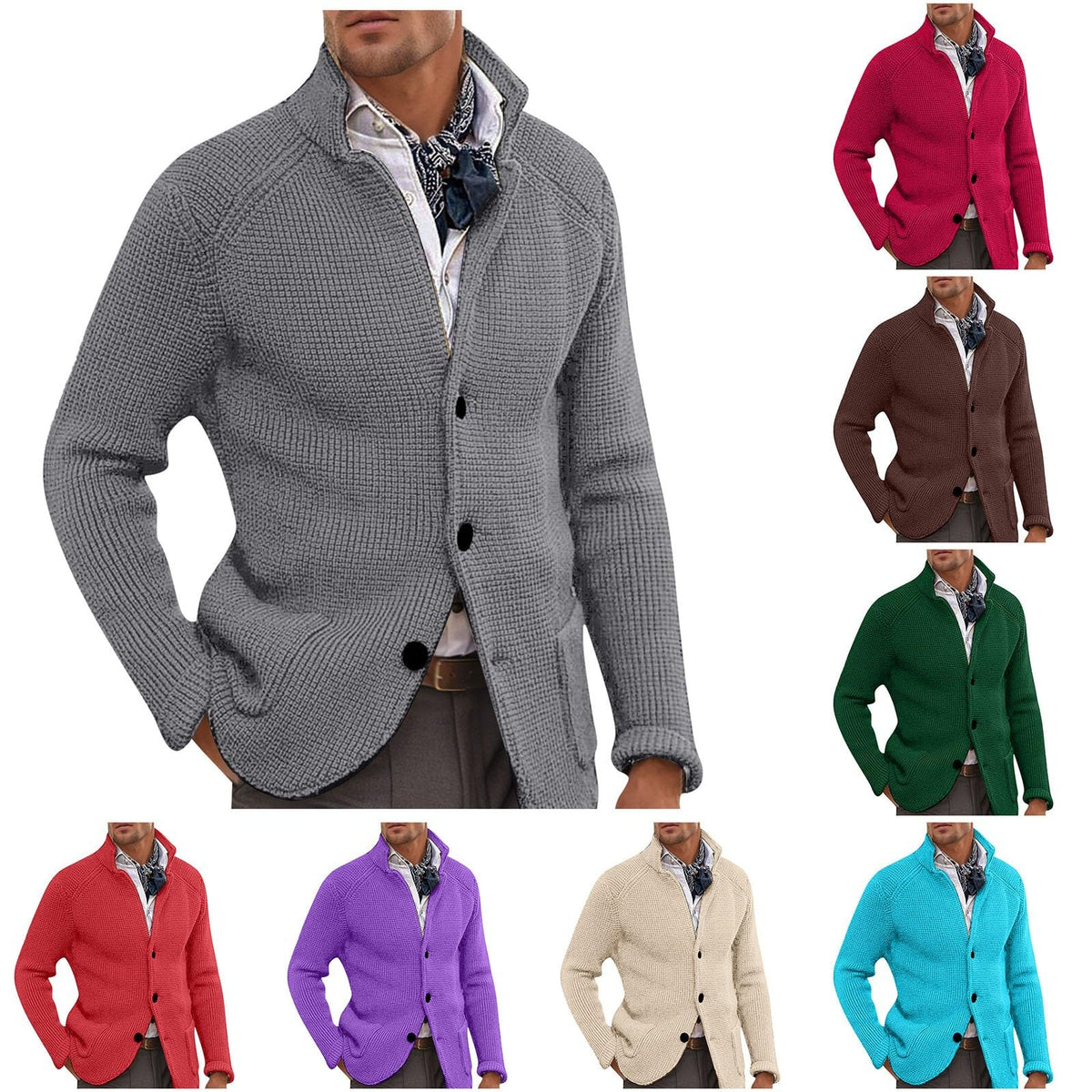 Mens Long Sleeve Cardigan Stand Collar Casual Knitted Button Pocket Cardigan Autumn Winter Shawl Collar Slim Fit Blazer size XXL