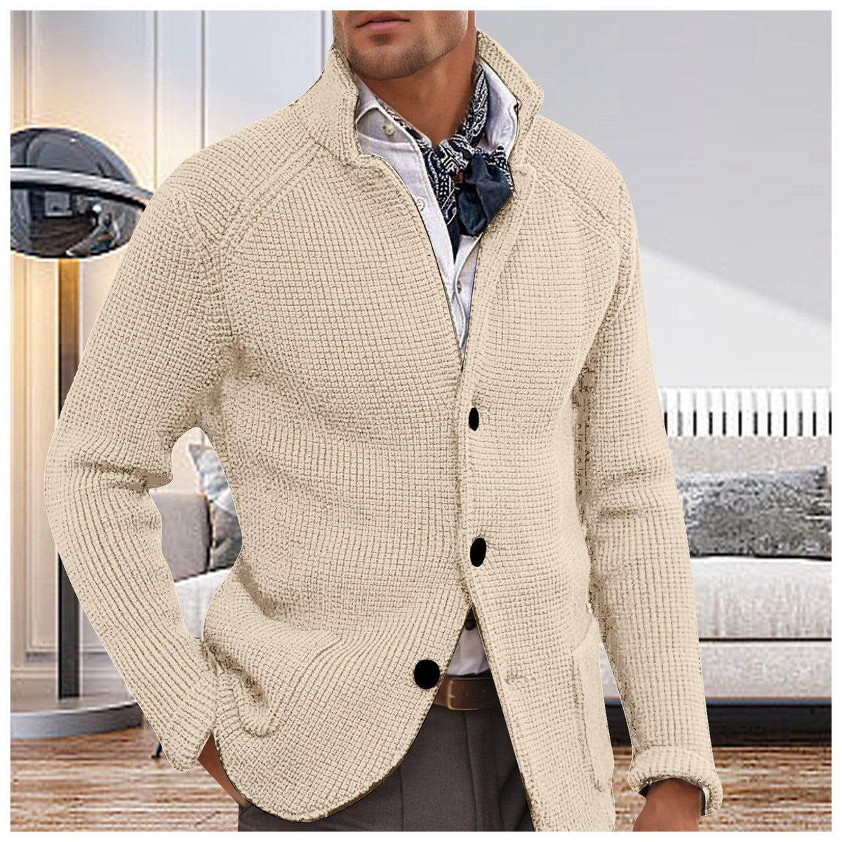 Mens Long Sleeve Cardigan Stand Collar Casual Knitted Button Pocket Cardigan Autumn Winter Shawl Collar Slim Fit Blazer size XXL