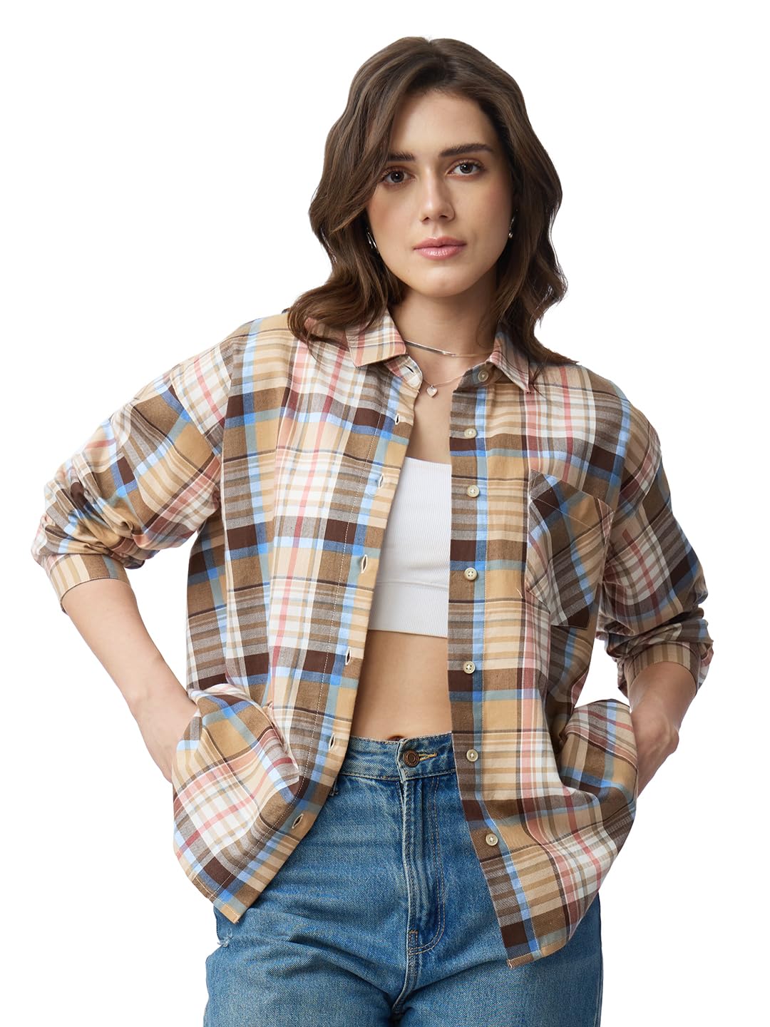 The Souled Store Plaid Shirt: Maple Women and Girls Long Sleeves Collared Neck Button Front Cotton Boyfriend Shirts size M 