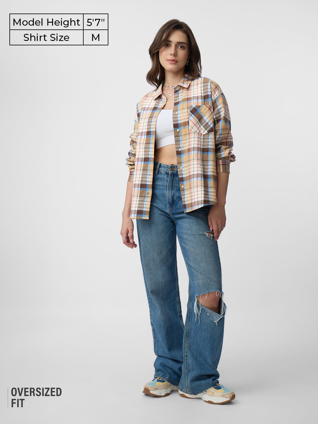 The Souled Store Plaid Shirt: Maple Women and Girls Long Sleeves Collared Neck Button Front Cotton Boyfriend Shirts size M 