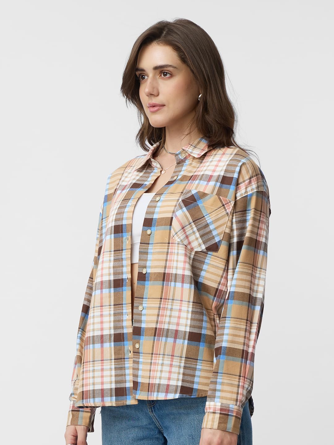 The Souled Store Plaid Shirt: Maple Women and Girls Long Sleeves Collared Neck Button Front Cotton Boyfriend Shirts size M 