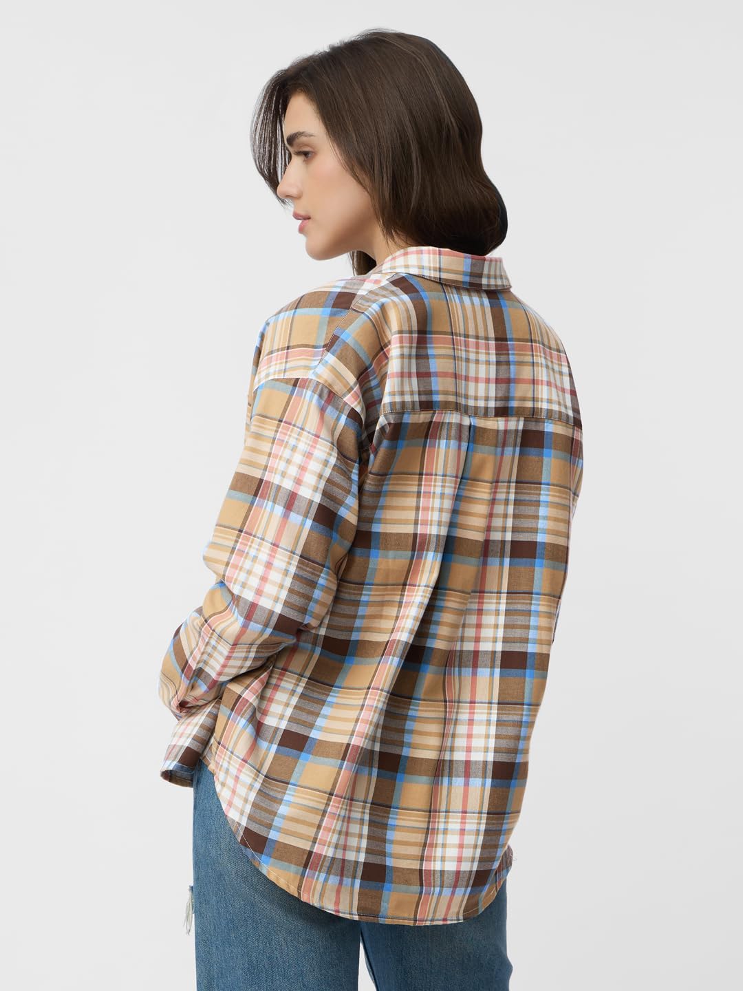 The Souled Store Plaid Shirt: Maple Women and Girls Long Sleeves Collared Neck Button Front Cotton Boyfriend Shirts size M 