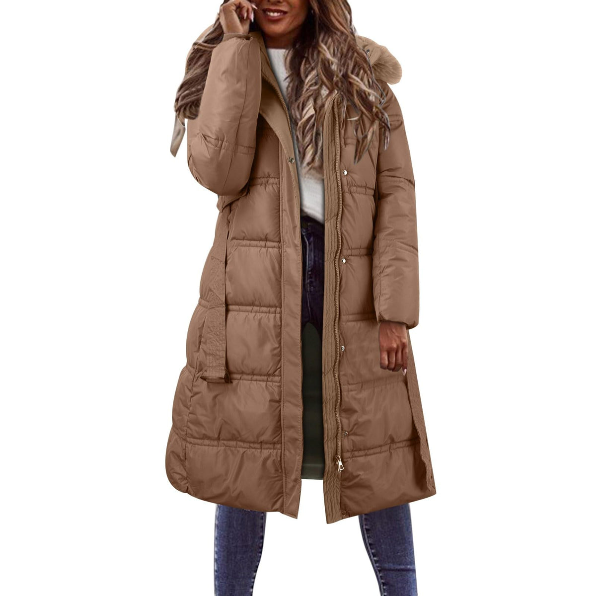 Women's Mid-Length Down Jacket, Warm Winter Lightweight Hooded Puffer Jacket, Thick Coat with Pockets, Soft and Comfortable Jackets with Zip and Button size M