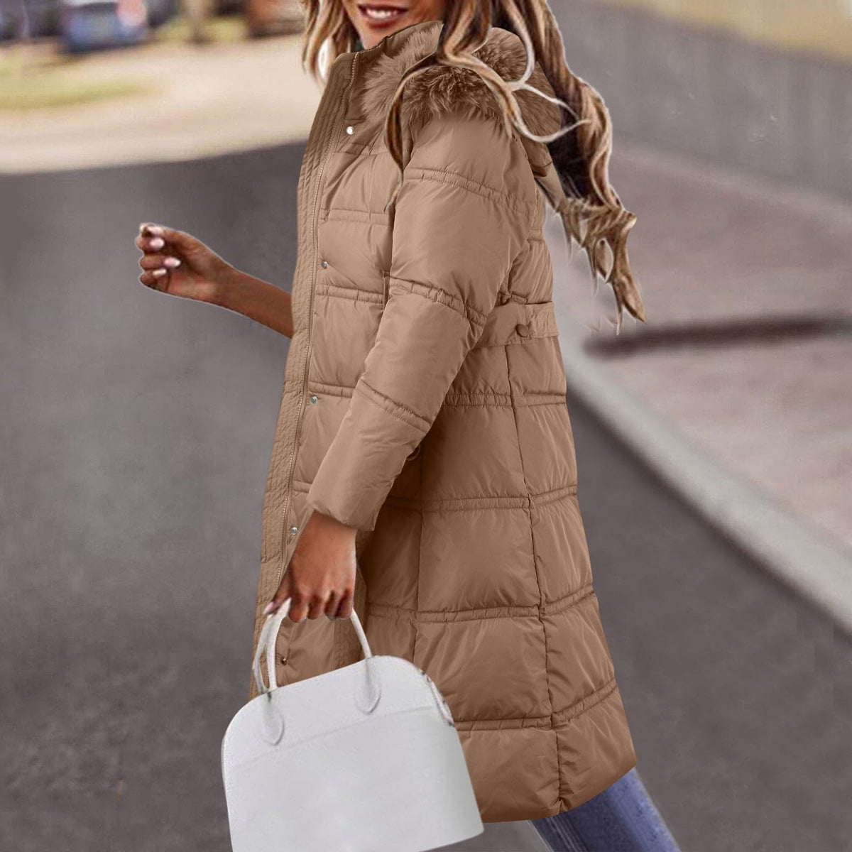 Women's Mid-Length Down Jacket, Warm Winter Lightweight Hooded Puffer Jacket, Thick Coat with Pockets, Soft and Comfortable Jackets with Zip and Button size M