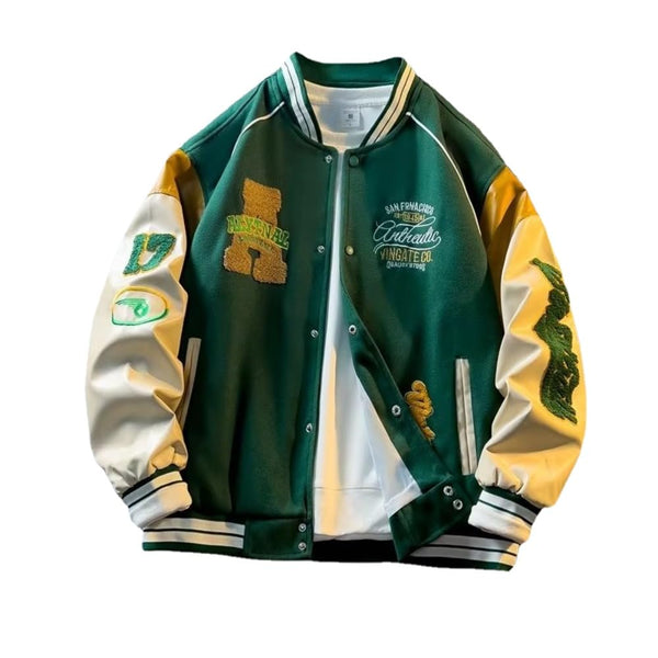 Men's Varsity Jackets - College Bomber Jacket Vintage Sweatshirt Casual Unisex Streetwear Y2k Oversized Coats with Patch PU Leather Sleeves size L 