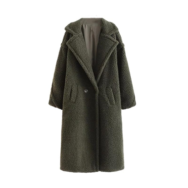 Women Teddy Fleece Long Trench Coat, Whtie Notched Lapels Double Breasted Blazer Jackets Winter Warm Fluffy Plush Long Sleeve Oversized Cardigan Pea Coat with Pockets size S 