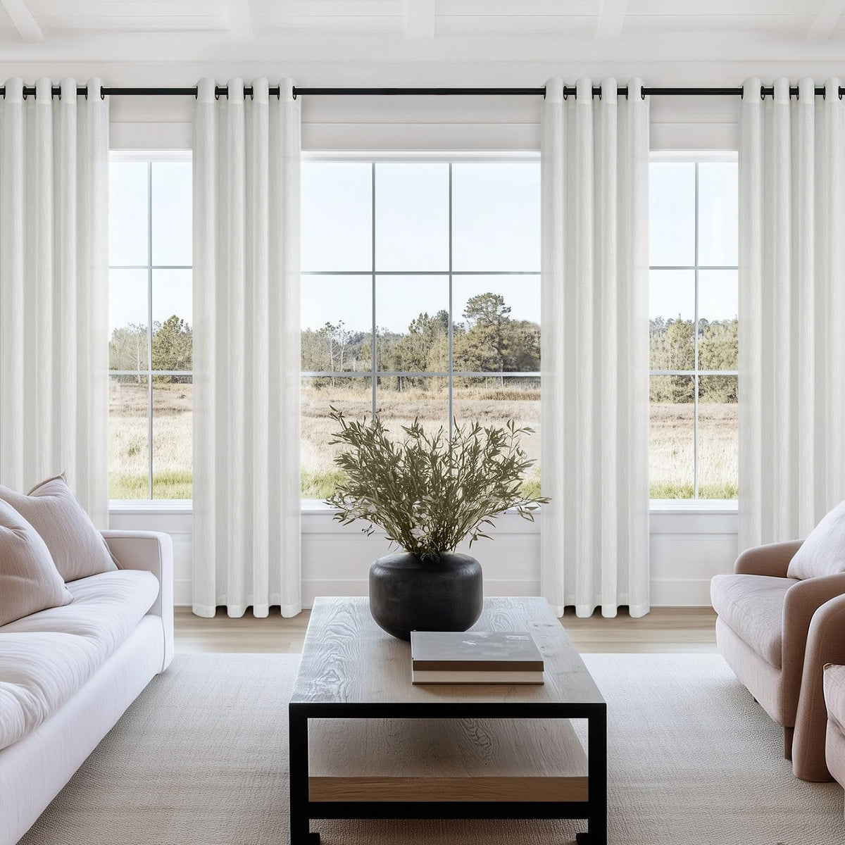 Topfinel 1 x Linen Curtain for Living Room, Semi-Transparent with Eyelets, Light Curtain, White, 300 x 260 cm, Tab-Top Curtain