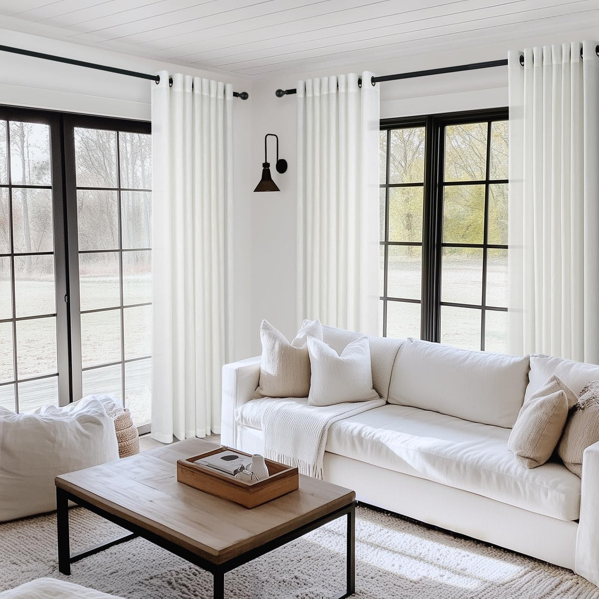 Topfinel 1 x Linen Curtain for Living Room, Semi-Transparent with Eyelets, Light Curtain, White, 300 x 260 cm, Tab-Top Curtain