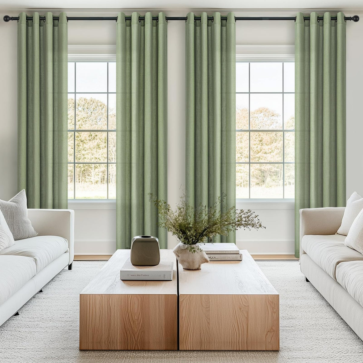 Topfinel Sage Green Net Curtain 140 x 260 cm Living Room Modern Window Decorative Window Bedroom Kitchen Linen Effect Fly Proof Interior Transparent with Eyelets Pack of 2
