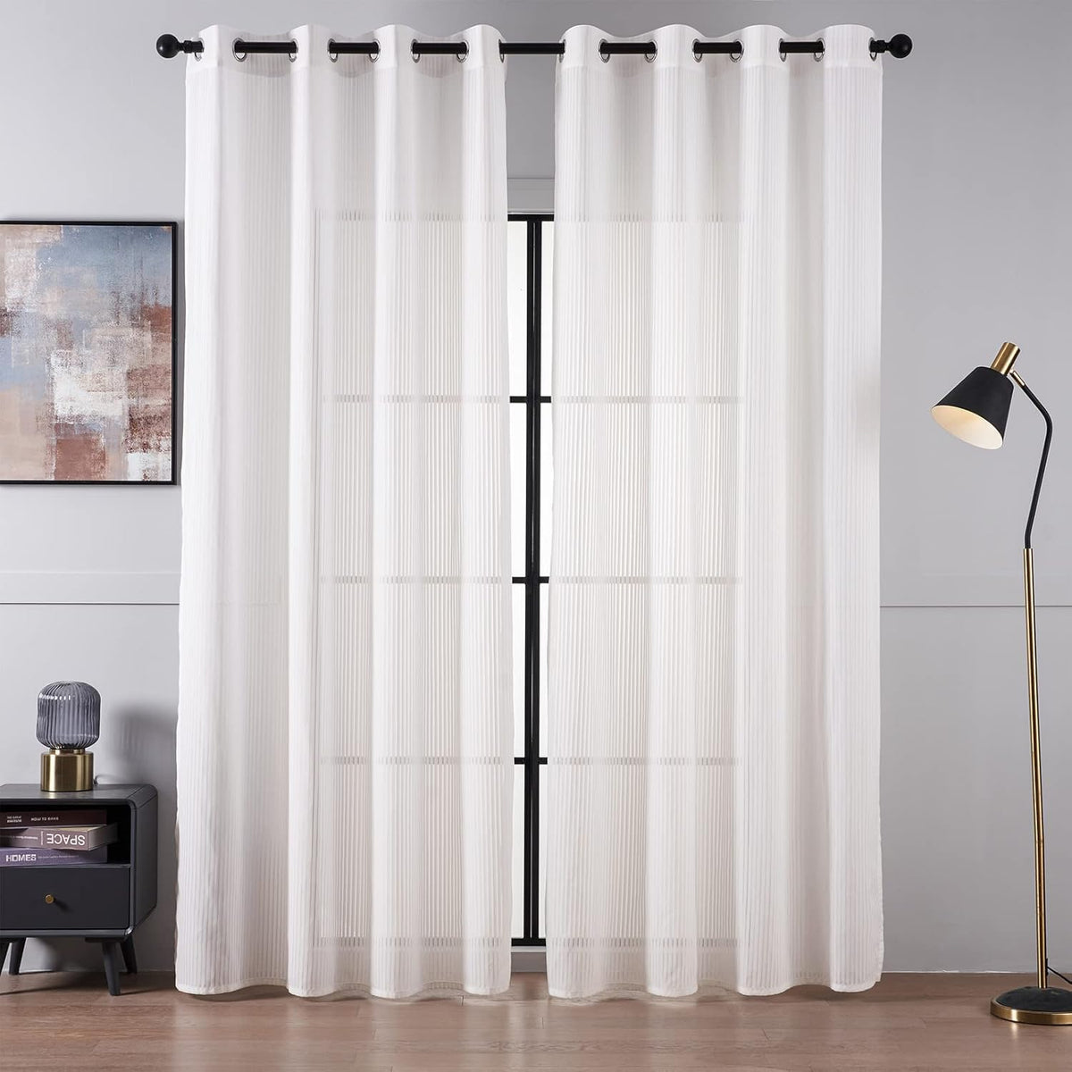 Topfinel Living Room Curtains 140 x 235 cm Semi-Transparent Modern Eyelet Voile Curtain with Vertical Stripes Pattern for Children's Room White Set of 2