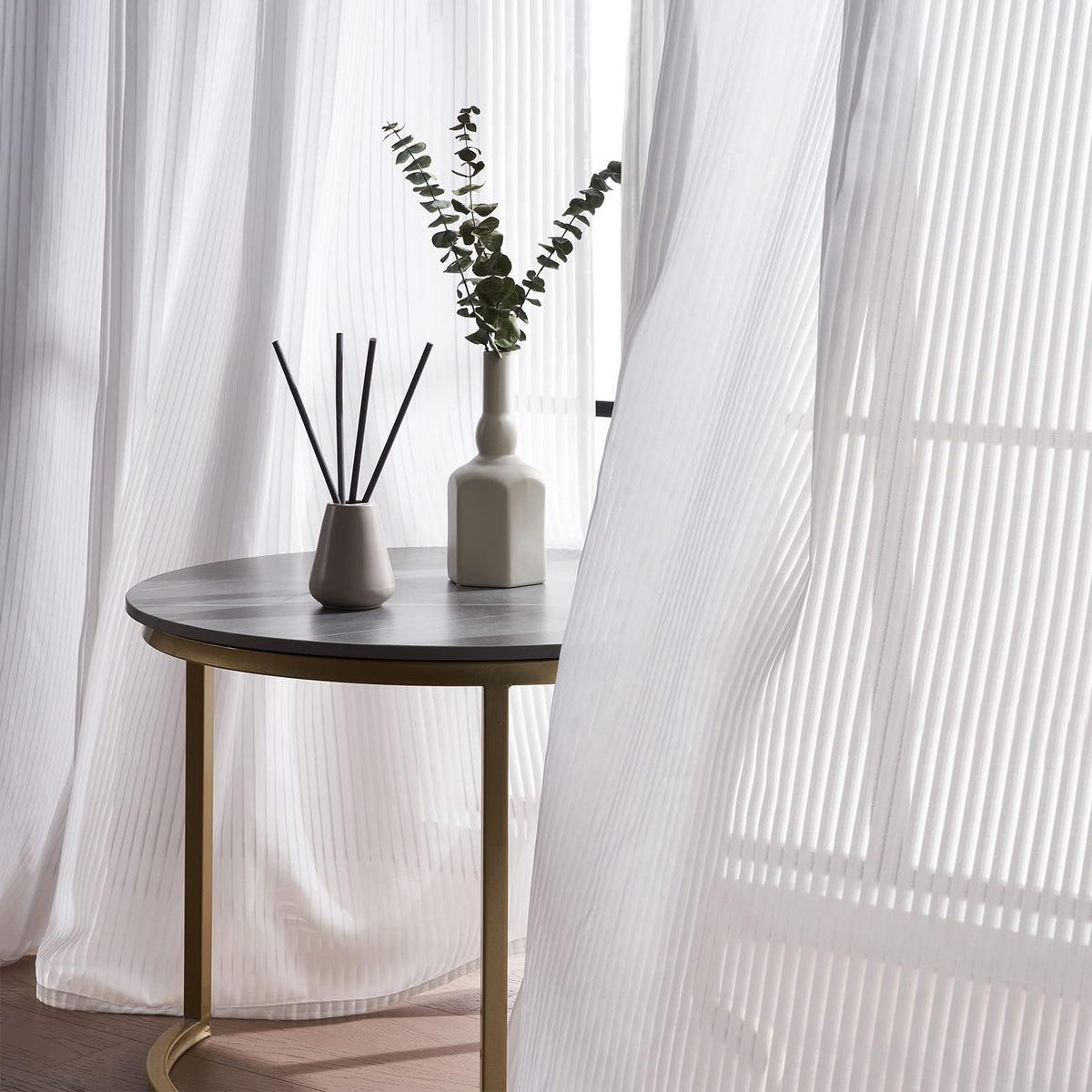 Topfinel Living Room Curtains 140 x 235 cm Semi-Transparent Modern Eyelet Voile Curtain with Vertical Stripes Pattern for Children's Room White Set of 2