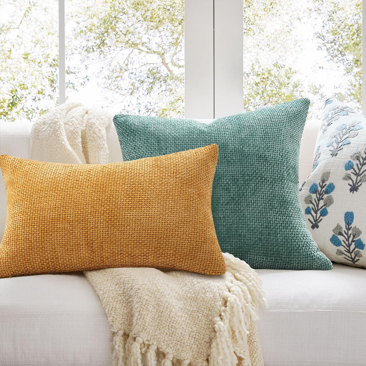 Topfinel Cushion Cover 45 x 45 Set of 4 Decorative Orange-Blue Gradient Bedroom Living Room Home Cushion Cover Chenille Soft Sofa Bed Decoration