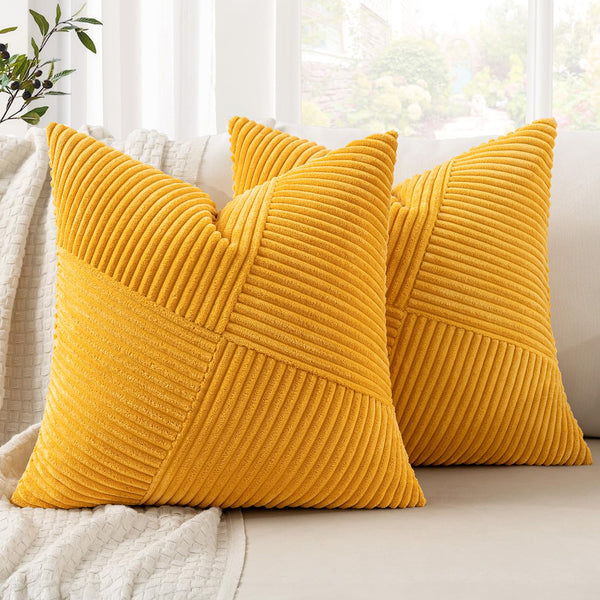 MIULEE Decorative Cushion Covers 50 x 50 cm Yellow Corduroy Patchwork Design Striped Boho Pillow Cases Square Pillowcases Throw Pillow Covers for Sofa Living Room Bedroom, Set of 2