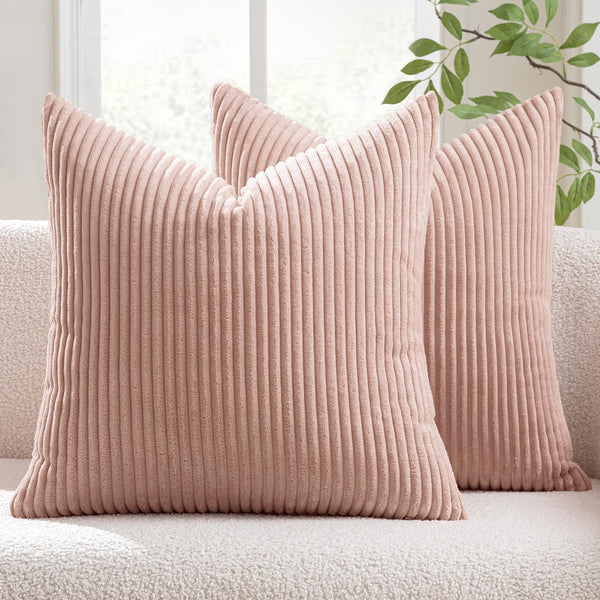 MIULEE Set of 2 Striped Corduroy Square Throw Pillow Case Soft Cushion Covers Sham Home for Sofa Couch/Bedroom Decorative Fluffy Large Pillowcases 18x18 Inch 45x45cm Pink