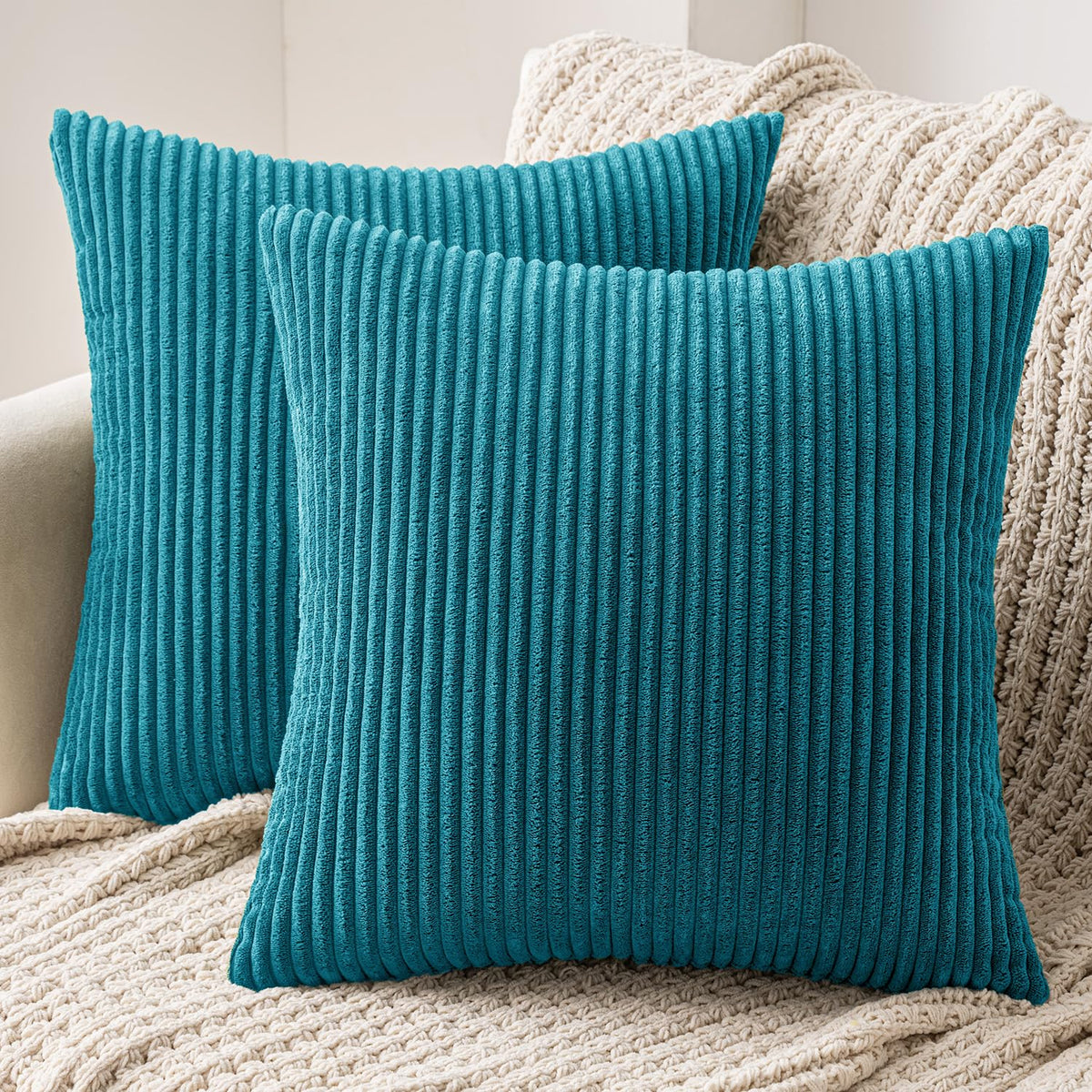 MIULEE Set of 2 Striped Corduroy Square Throw Pillow Case Soft Cushion Cover Sham Home for Sofa Chair Couch/Bedroom Decorative Fluffy Large Pillowcases 16x16 Inch 40x40cm Lake Blue