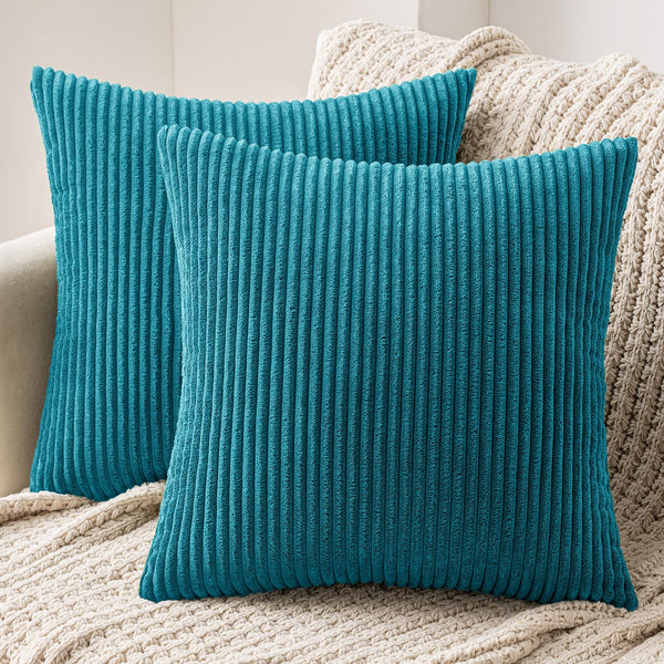 MIULEE Set of 2 Striped Corduroy Square Throw Pillow Case Soft Cushion Cover Sham Home for Sofa Chair Couch/Bedroom Decorative Fluffy Large Pillowcases 16x16 Inch 40x40cm Lake Blue