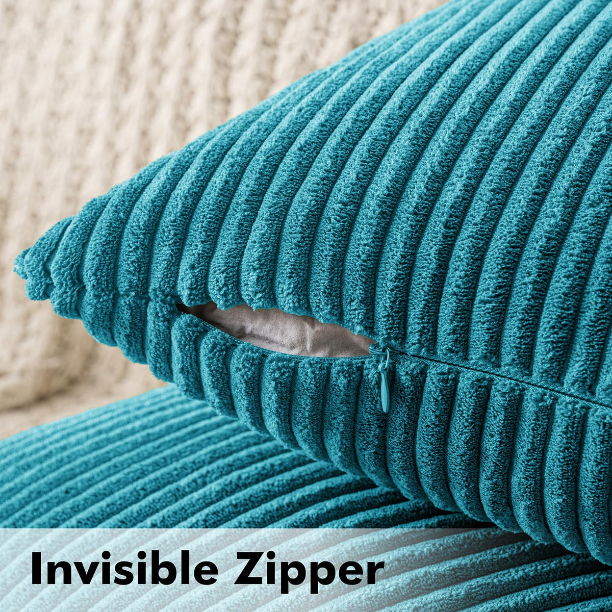 MIULEE Set of 2 Striped Corduroy Square Throw Pillow Case Soft Cushion Cover Sham Home for Sofa Chair Couch/Bedroom Decorative Fluffy Large Pillowcases 16x16 Inch 40x40cm Lake Blue