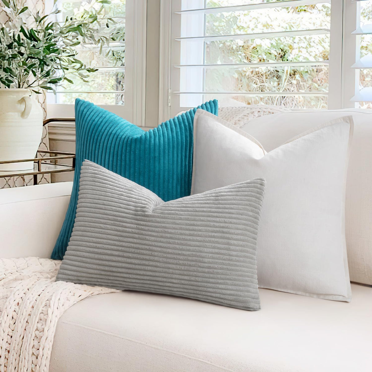 MIULEE Set of 2 Striped Corduroy Square Throw Pillow Case Soft Cushion Cover Sham Home for Sofa Chair Couch/Bedroom Decorative Fluffy Large Pillowcases 16x16 Inch 40x40cm Lake Blue